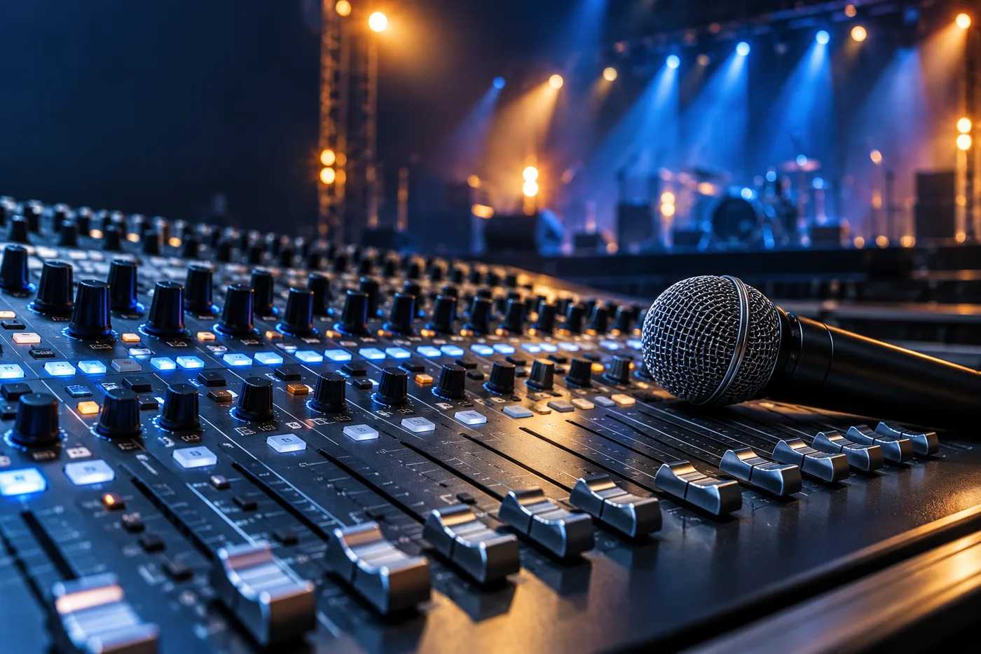 Illustrative mixing console and microphone under blue and amber stage lighting